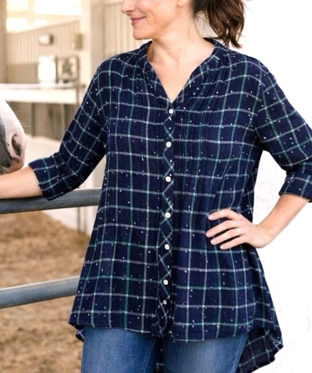 Navy Plaid Tunic Blouse Cozy Micro Dot Pleated Mandarin Collar Cottage Farm Chic